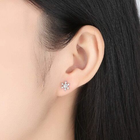 Cubic Zirconia Snowflake Stud Earrings for Women Girls 925 Sterling Silver Crystal Winter Flower Christmas Studs Cartilage Earrings Xmas Jewelry Gifts Holiday Party in Saudi Arabia