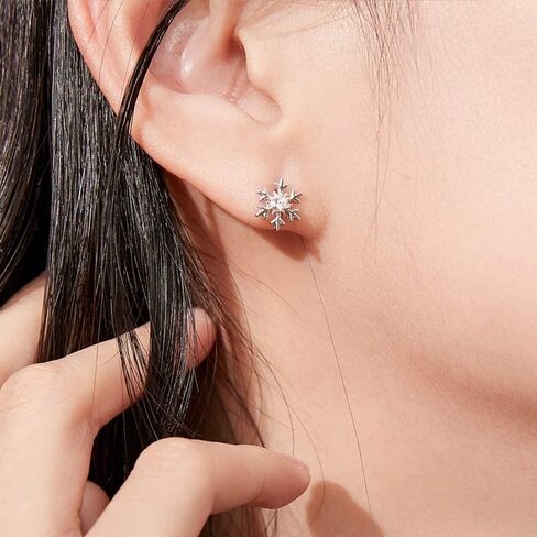 Cubic Zirconia Snowflake Stud Earrings for Women Girls 925 Sterling Silver Crystal Winter Flower Christmas Studs Cartilage Earrings Xmas Jewelry Gifts Holiday Party in Saudi Arabia