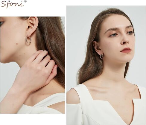 أقراط حلقية من الفضة الإسترلينية Sfoni - أقراط حلقية من الفضة الإسترلينية عيار 925 للنساء - أقراط حلقية مكعبة زركونيا مضادة للحساسية للفتيات - حلقات تويست أزرق/أسود/أبيض - مقاسات 13/15/20 مم - هدية مع حقيبة in Kuwait