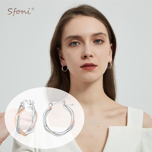 أقراط حلقية من الفضة الإسترلينية Sfoni - أقراط حلقية من الفضة الإسترلينية عيار 925 للنساء - أقراط حلقية مكعبة زركونيا مضادة للحساسية للفتيات - حلقات تويست أزرق/أسود/أبيض - مقاسات 13/15/20 مم - هدية مع حقيبة in Kuwait