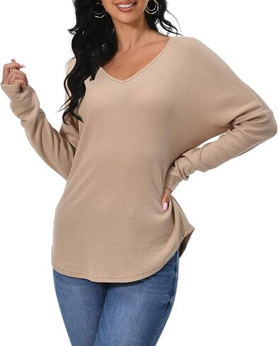 تيشيرتات تونيك نسائية من Afibi للسراويل الضيقة بأكمام طويلة ورقبة على شكل حرف V كاجوال فضفاضة in Kuwait