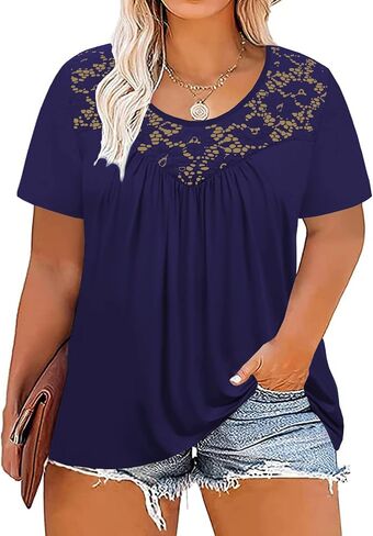 VISLILY Women's-Plus-Size-Tops Summer Lace Tee Shirts Short Sleeve Tunics Flowy Pleated Blouses XL-4XL in Kuwait