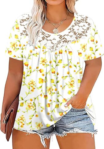 VISLILY Women's-Plus-Size-Tops Summer Lace Tee Shirts Short Sleeve Tunics Flowy Pleated Blouses XL-4XL in Kuwait