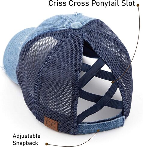 C.C Exclusives Washed Distressed Cotton Denim Criss-Cross Ponytail Hat Baseball Cap Bundle Hair Tie (BT-780)(BT-791) (A Elastic Band-Denim/Navy) in Kuwait