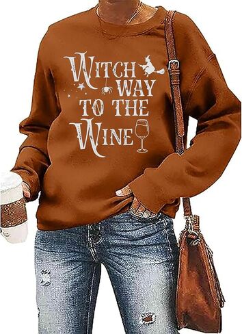 MYCHTE Witch Way to the Wine Sweatshirt Women Halloween Witch Tshirt Casual Fall Long Sleeve Pullover Tops Wine Lover Tees in Kuwait
