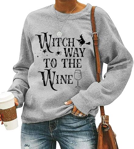 MYCHTE Witch Way to the Wine Sweatshirt Women Halloween Witch Tshirt Casual Fall Long Sleeve Pullover Tops Wine Lover Tees in Kuwait