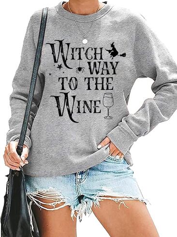 MYCHTE Witch Way to the Wine Sweatshirt Women Halloween Witch Tshirt Casual Fall Long Sleeve Pullover Tops Wine Lover Tees in Kuwait