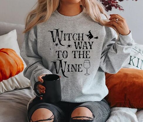 MYCHTE Witch Way to the Wine Sweatshirt Women Halloween Witch Tshirt Casual Fall Long Sleeve Pullover Tops Wine Lover Tees in Kuwait