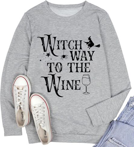 MYCHTE Witch Way to the Wine Sweatshirt Women Halloween Witch Tshirt Casual Fall Long Sleeve Pullover Tops Wine Lover Tees in Kuwait
