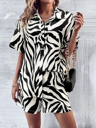 WDIRARA Women's 2 Piece Outfit Zebra Print Button Front Half Sleeve Shirt and Shorts Set in Kuwait