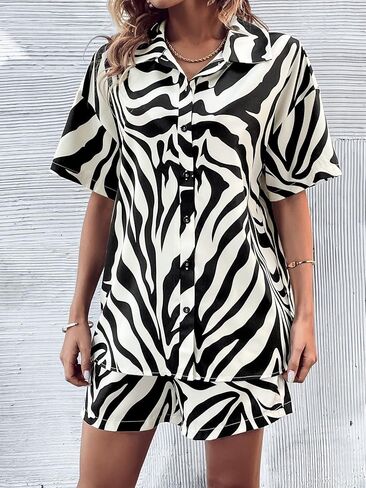 WDIRARA Women's 2 Piece Outfit Zebra Print Button Front Half Sleeve Shirt and Shorts Set in Kuwait