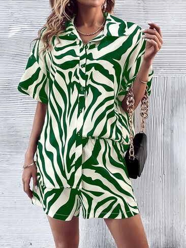 WDIRARA Women's 2 Piece Outfit Zebra Print Button Front Half Sleeve Shirt and Shorts Set in Kuwait