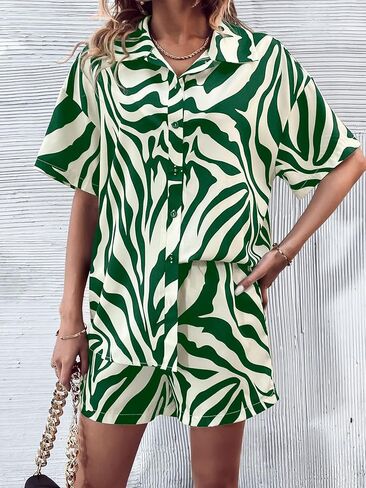 WDIRARA Women's 2 Piece Outfit Zebra Print Button Front Half Sleeve Shirt and Shorts Set in Kuwait