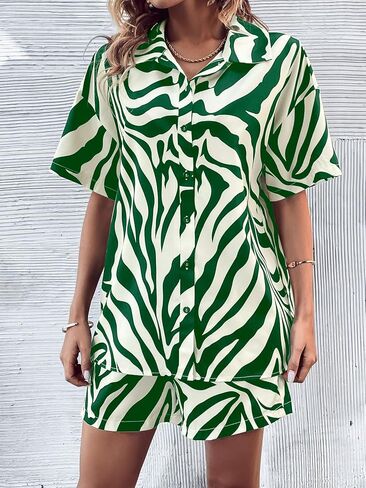 WDIRARA Women's 2 Piece Outfit Zebra Print Button Front Half Sleeve Shirt and Shorts Set in Kuwait