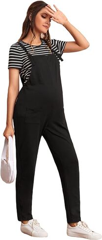 OYOANGLE Women's Maternity 2 Pieces Outfit Set Striped Print Crew Neck Tee Top and Overall Jumpsuit Set in Saudi Arabia