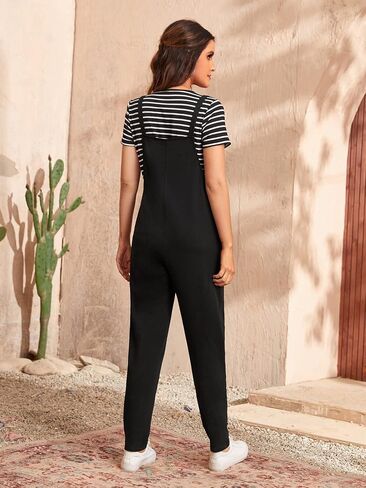 OYOANGLE Women's Maternity 2 Pieces Outfit Set Striped Print Crew Neck Tee Top and Overall Jumpsuit Set in Saudi Arabia