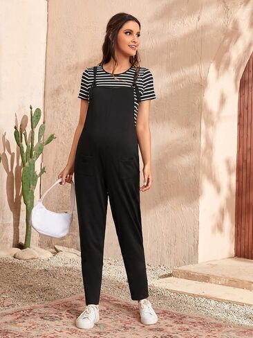 OYOANGLE Women's Maternity 2 Pieces Outfit Set Striped Print Crew Neck Tee Top and Overall Jumpsuit Set in Saudi Arabia