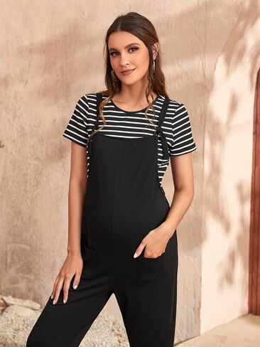 OYOANGLE Women's Maternity 2 Pieces Outfit Set Striped Print Crew Neck Tee Top and Overall Jumpsuit Set in Saudi Arabia