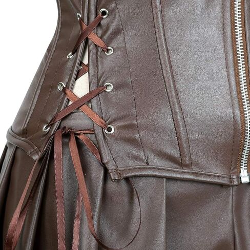 Blidece Women's Punk Rock Faux Leather Steampunk Corset Set Retro Goth overbust steel Bustier with Skirt in Kuwait