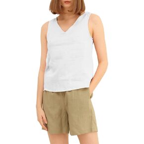 Amazhiyu Natural Linen Sleeveless V Neck Tank Tops Basic Summer Blouse
