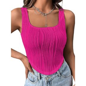 Remidoo Women's Textured Square Neck Cropped Tank Top Asymmetrical Hem Crop Top in Saudi Arabia
