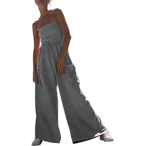 Feager Women's Oversized Strapless Off Shoulder Tube Top Jumpsuits Casual Wide Leg Long Pants Jumpsuits Rompers with Pockets