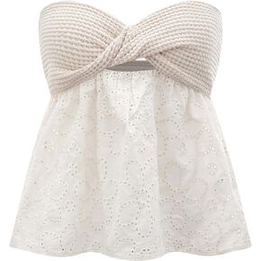 WDIRARA Women's Twist Front Cut Out Strapless Eyelet Embroidery Flared Hem Tube Top