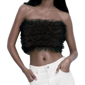 Women's Sexy Strapless Tulle Crop Top Elegant Mesh Pleated Tube Tops Off Shoulder Bustier for Party Clubwear