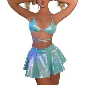 Women's Shiny Rave Outfits Holographic Halter Bra Top Mini Skirt 2Pcs Glitter Sequin Music Festival Party Clubwear