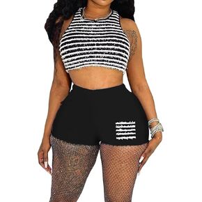 Aotasely 2 Piece Knitted Outfits for Women Sexy Shaggy Stripe Crop Tank Top High Waist Shorts Club Night Active Wear in Kuwait