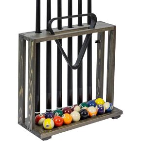 MyGift Vintage Weathered Gray Solid Wood Freestanding Pool Cue Stick Holder with Ball Storage and Triangle Rack Slot, Billiards Game Equipment Set Floor Stand in Kuwait