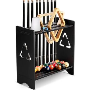 Pool Stick Holder Floor Stand- Billiards Pool Cue Rack Oak Solid Wooden Holds 9 Cues and Pool Table Accessories Organizer with Chalk Cone Holder for Game Room Club or Men Cave