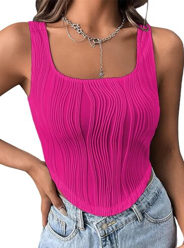 Remidoo Women's Textured Square Neck Cropped Tank Top Asymmetrical Hem Crop Top in Saudi Arabia