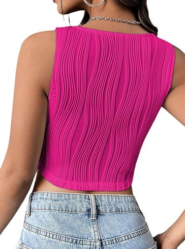 Remidoo Women's Textured Square Neck Cropped Tank Top Asymmetrical Hem Crop Top in Saudi Arabia
