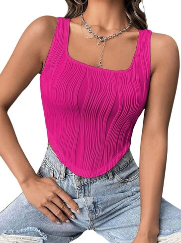 Remidoo Women's Textured Square Neck Cropped Tank Top Asymmetrical Hem Crop Top in Saudi Arabia
