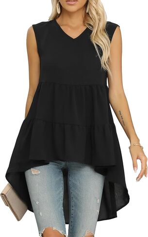 بلوزة نسائية فضفاضة برقبة على شكل حرف V بدون أكمام وبحواف عالية ومنخفضة من Vrtige in Kuwait