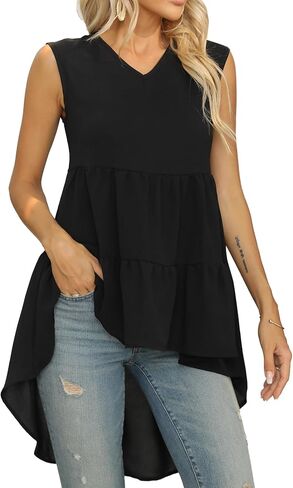 بلوزة نسائية فضفاضة برقبة على شكل حرف V بدون أكمام وبحواف عالية ومنخفضة من Vrtige in Kuwait