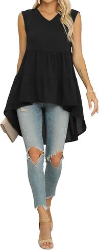 بلوزة نسائية فضفاضة برقبة على شكل حرف V بدون أكمام وبحواف عالية ومنخفضة من Vrtige in Kuwait