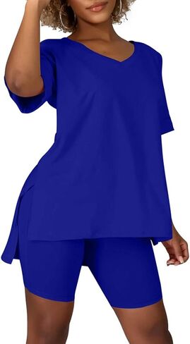 BORIFLORS Women's 2 Piece Club Outfits Causal V Neck Tops T Shirt Sexy Legging Shorts Set in Saudi Arabia