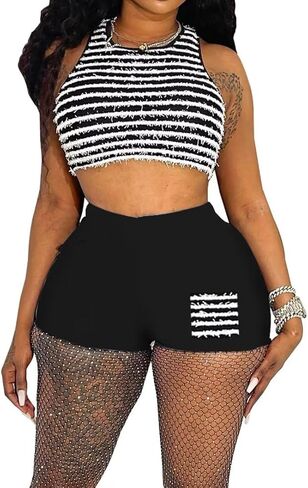 Aotasely 2 Piece Knitted Outfits for Women Sexy Shaggy Stripe Crop Tank Top High Waist Shorts Club Night Active Wear in Kuwait