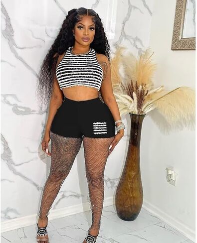 Aotasely 2 Piece Knitted Outfits for Women Sexy Shaggy Stripe Crop Tank Top High Waist Shorts Club Night Active Wear in Kuwait