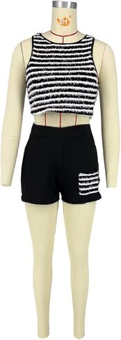 Aotasely 2 Piece Knitted Outfits for Women Sexy Shaggy Stripe Crop Tank Top High Waist Shorts Club Night Active Wear in Kuwait