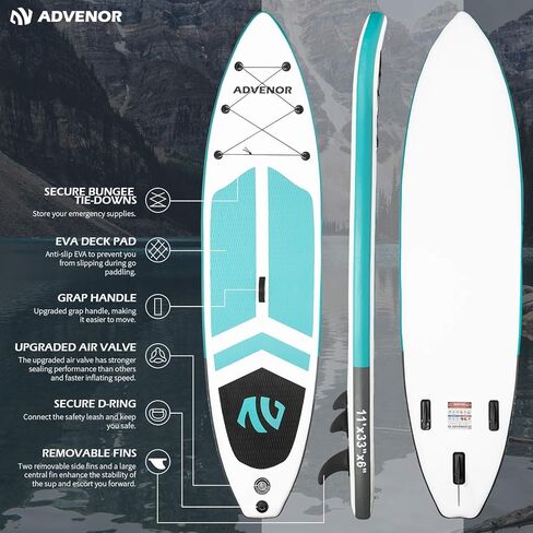 لوح مجداف ADVENOR مقاس 11 × 33 × 6 لوح مجداف قابل للنفخ واسع للغاية مع ملحقات SUP بما في ذلك مجداف قابل للتعديل، وحقيبة ظهر، وحقيبة مقاومة للماء، ومقود، ومضخة يدوية، ومجموعة إصلاح in Kuwait