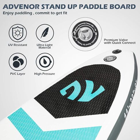 لوح مجداف ADVENOR مقاس 11 × 33 × 6 لوح مجداف قابل للنفخ واسع للغاية مع ملحقات SUP بما في ذلك مجداف قابل للتعديل، وحقيبة ظهر، وحقيبة مقاومة للماء، ومقود، ومضخة يدوية، ومجموعة إصلاح in Kuwait