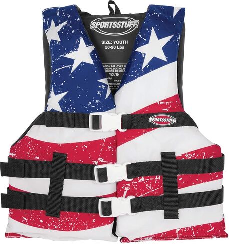 SPORTSTUFF Stars and Stripes Life Jacket, US Coast Guard Approved, Type III, Adult, Child, Youth Sizes in Kuwait