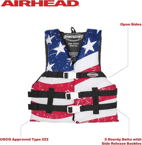 SPORTSTUFF Stars and Stripes Life Jacket, US Coast Guard Approved, Type III, Adult, Child, Youth Sizes in Kuwait
