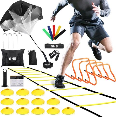 GHB Agility Ladder,Football Training Equipment Set,4 Agility Hurdles, 20 feet12 Rungs Speed Ladder,12 Disc Cones,Resistance Parachute, Jump Rope, 4 Resistance Bands in Kuwait