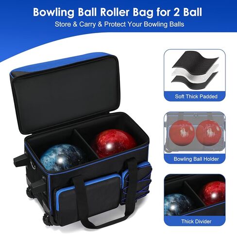Double Roller Bowling Bag with Shoes Compartment, Large Capacity Bowling Ball Bag with Multi-Pockets for 2 Bowling Ball and Accessories, 2 Ball Bowling Bag with wheels & Retractable Handle in Kuwait