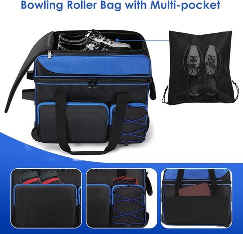 Double Roller Bowling Bag with Shoes Compartment, Large Capacity Bowling Ball Bag with Multi-Pockets for 2 Bowling Ball and Accessories, 2 Ball Bowling Bag with wheels & Retractable Handle in Kuwait