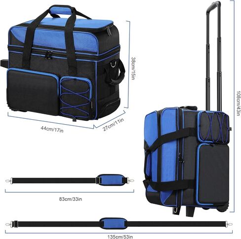 Double Roller Bowling Bag with Shoes Compartment, Large Capacity Bowling Ball Bag with Multi-Pockets for 2 Bowling Ball and Accessories, 2 Ball Bowling Bag with wheels & Retractable Handle in Kuwait